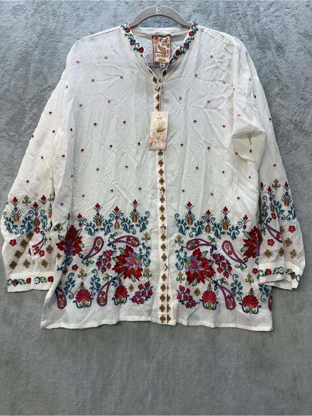 Johnny Was Blouse Size Small Shirt White Embroidered Floral Button-Front Tunic